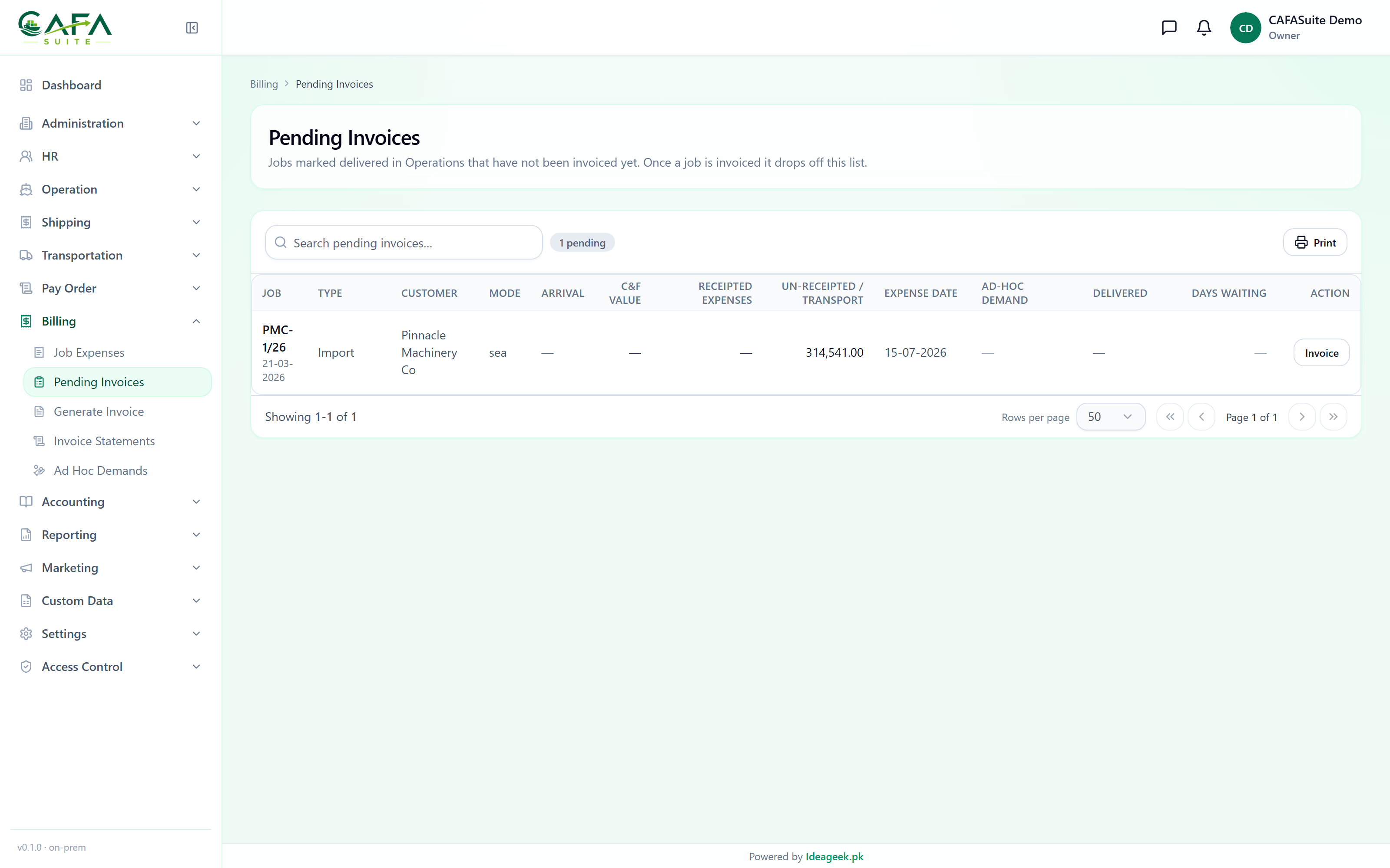 Pending invoices