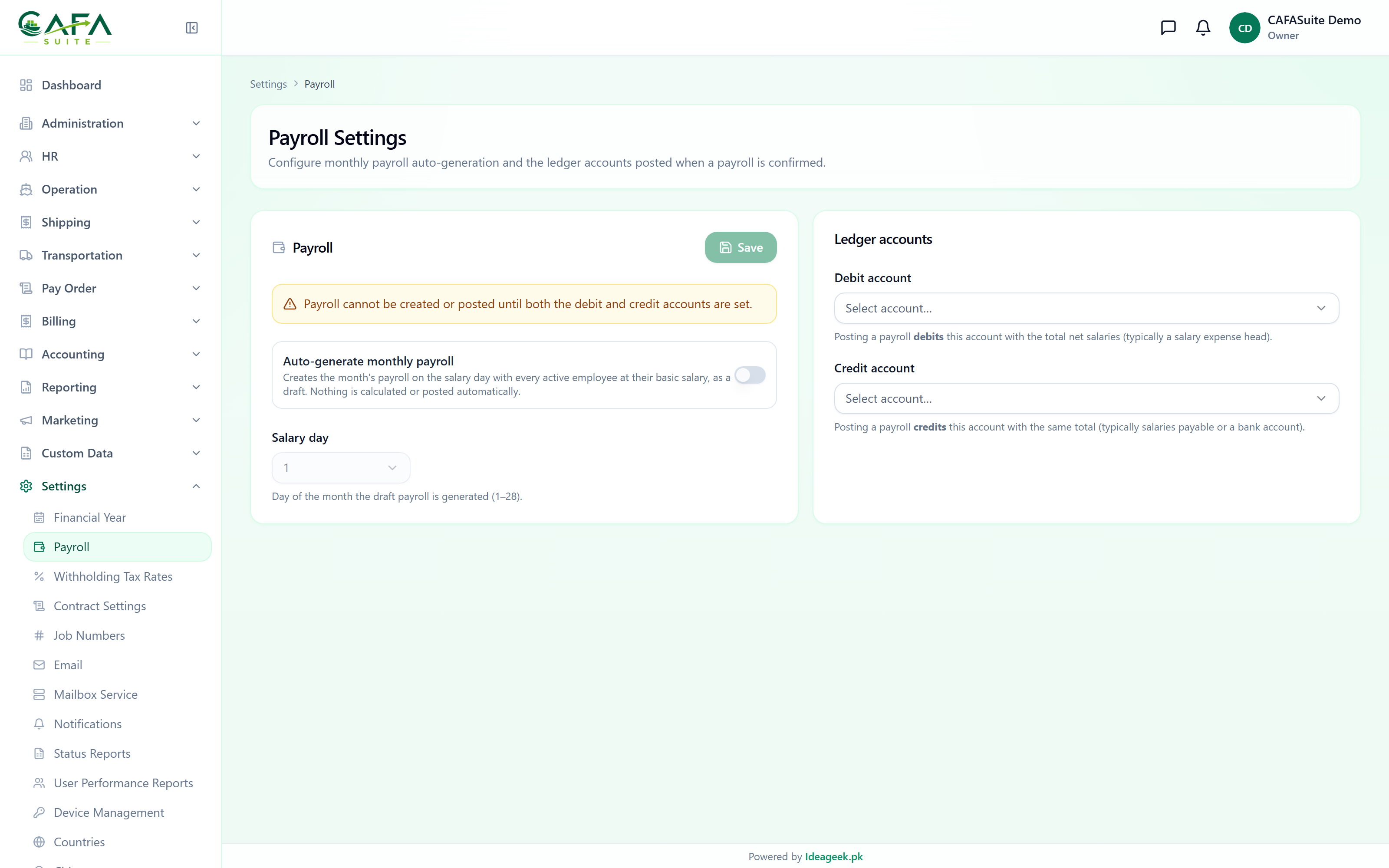 Payroll settings